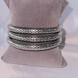Chic Silver Perforated Bangle Trio